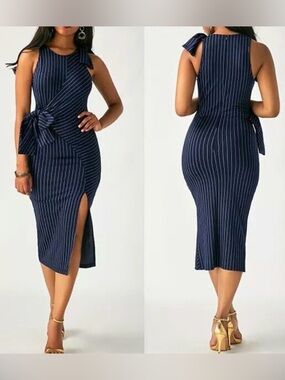 Navy Pinstripe Midi Dress with Statement Bow